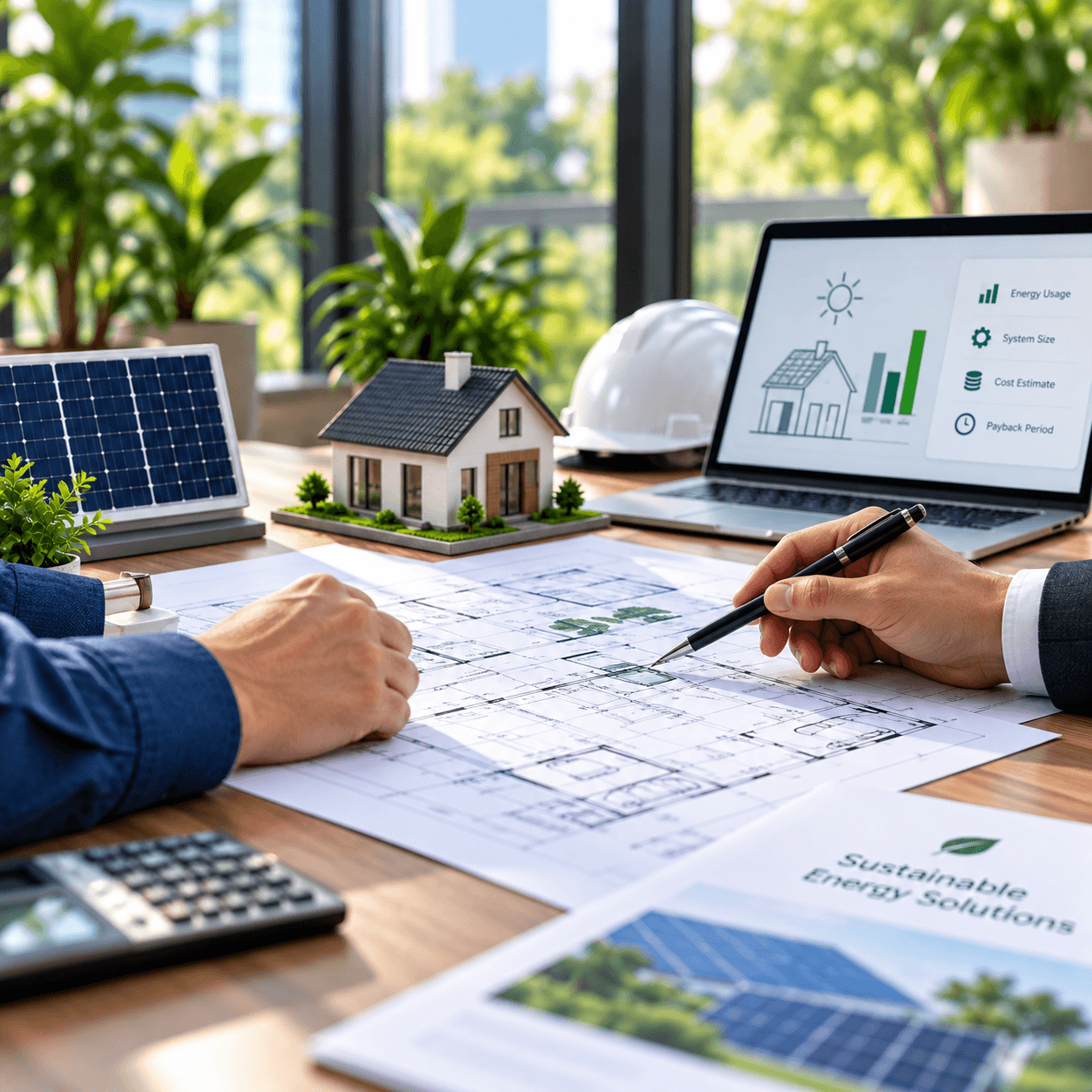 Engineer reviewing solar and EV system design plans on a blueprint