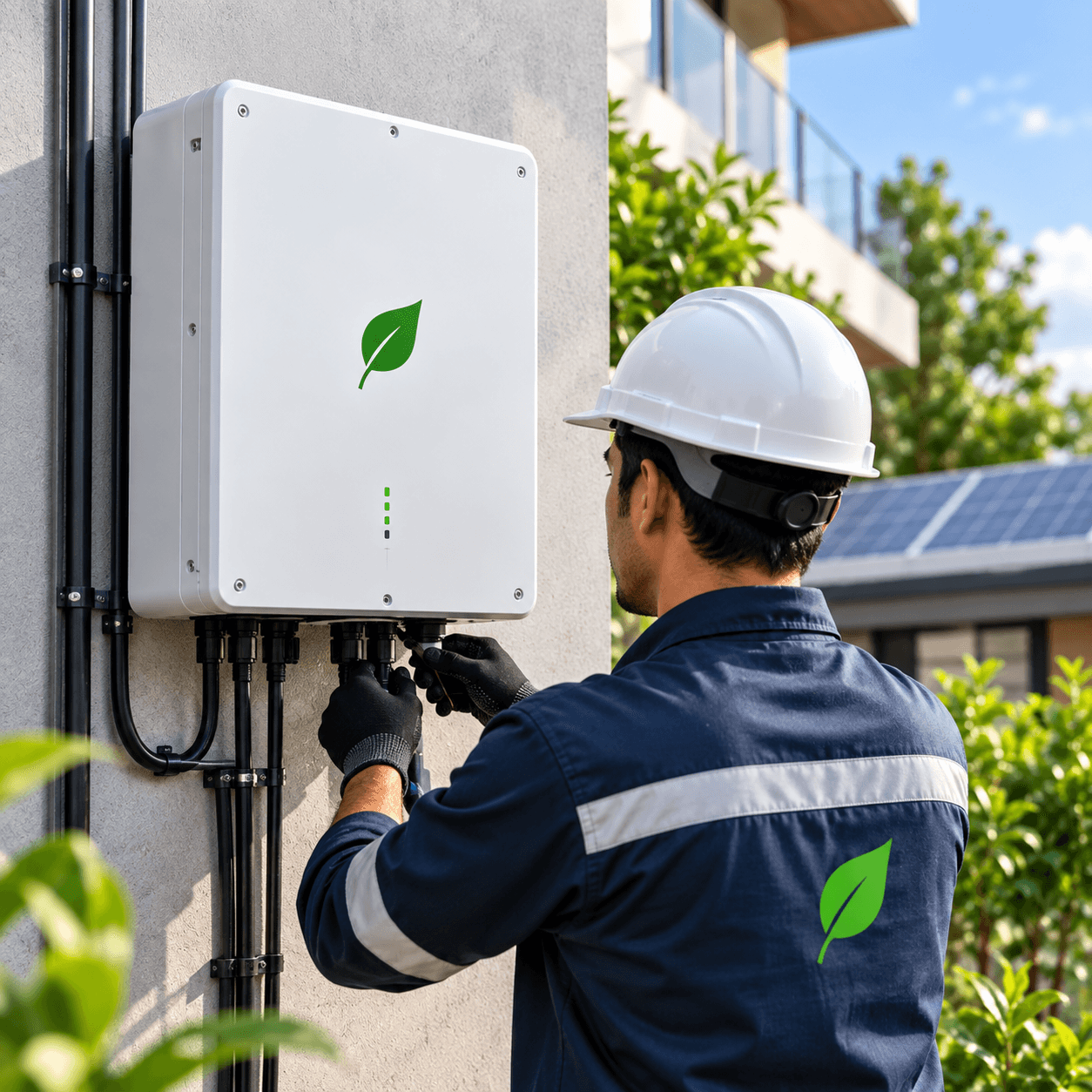 Technicians installing solar panels and EV charging equipment on site