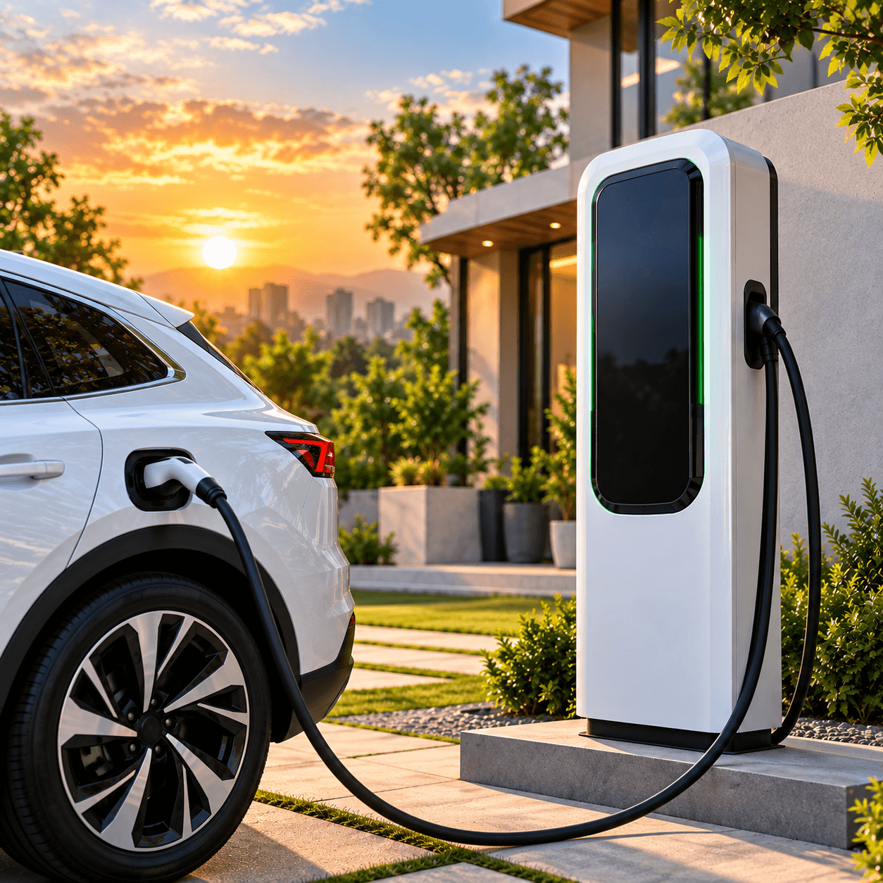 Wall-mounted EV charger installed at a home parking space